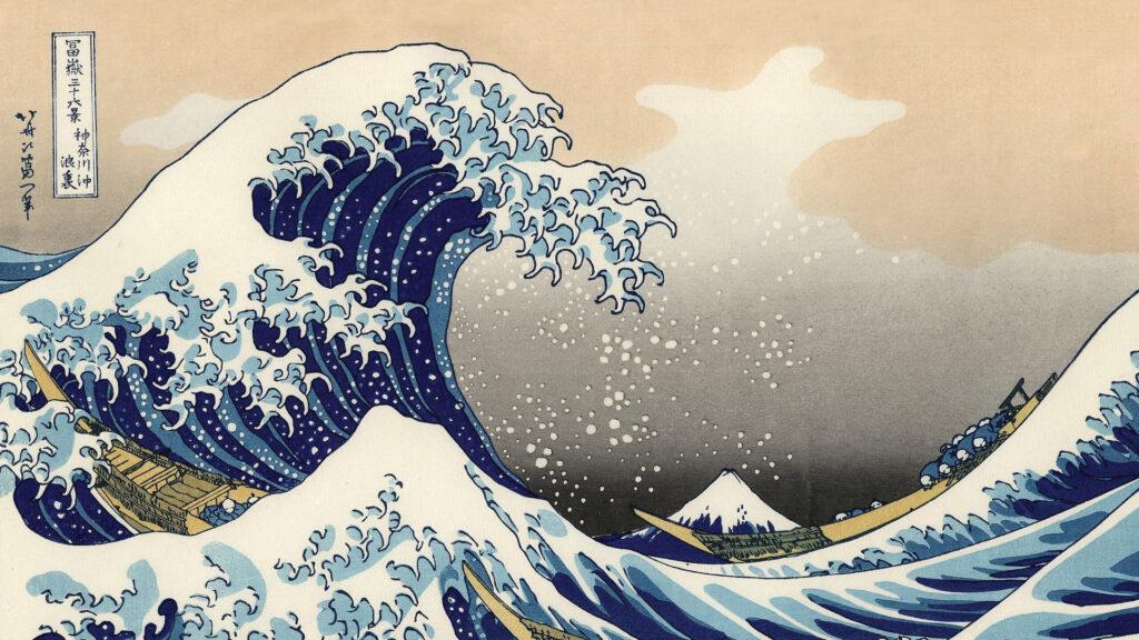 A large, dramatic wave towers over boats, with Mount Fuji in the background, in a Japanese woodblock print.