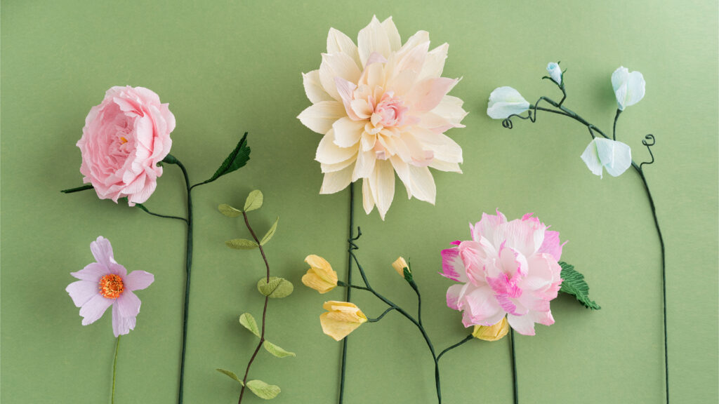 Six delicate paper flowers with green stems arranged on a light green background.