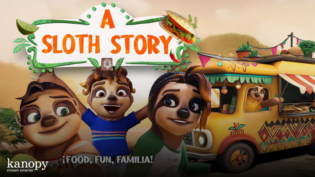 Three animated sloths and a boy smile near a colorful food truck with the text "A Sloth Story" above them.