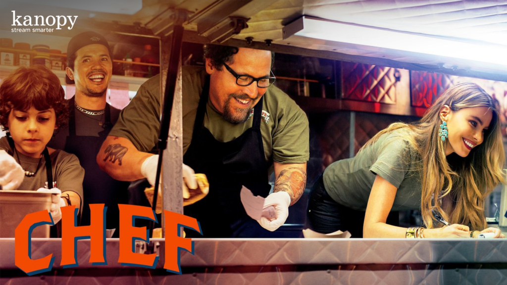 Four people smiling and preparing food inside a food truck, with the word "CHEF" in bold letters at the bottom.