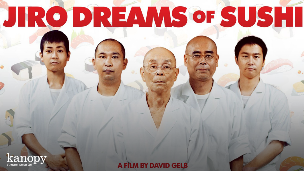Five sushi chefs in white uniforms stand under the title "Jiro Dreams of Sushi" on a sushi-patterned background.