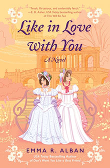 Illustrated cover of "Like in Love With You" shows two women in pink and purple dresses with historic ruins behind them.
