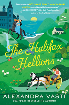 Illustrated cover of "The Halifax Hellions" with two couples in horse-drawn carriages on a green landscape.