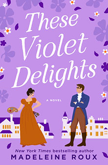 Book cover with a woman in a dress and a man in a suit standing, with "These Violet Delights" as the title.