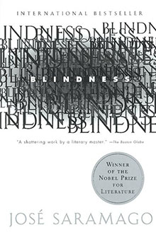 Book cover for "Blindness" by José Saramago, featuring layered black text and a Nobel Prize for Literature badge.