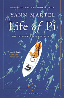 Book cover of "Life of Pi" showing a tiger and a boy in a boat, surrounded by fish in blue water.