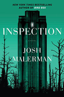 Book cover of "Inspection" by Josh Malerman, showing a tall, dark tower amid silhouettes of leafless trees.