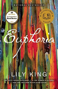 Cover of the book "Euphoria" by Lily King, featuring a colorful abstract background and text highlighting its bestseller status.