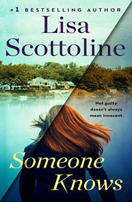 Cover of Lisa Scottoline's book "Someone Knows." A woman with red hair and a lake scene are depicted.