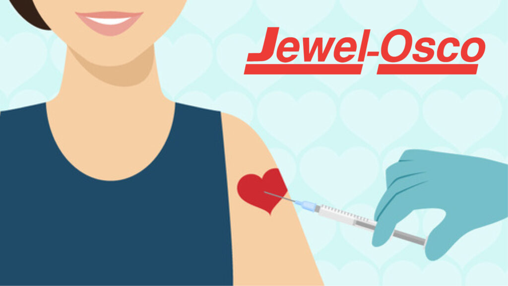 Illustration of a person receiving a vaccine shot on their arm with a heart symbol, Jewel-Osco logo in the background.