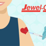 Illustration of a person receiving a vaccine shot on their arm with a heart symbol, Jewel-Osco logo in the background.