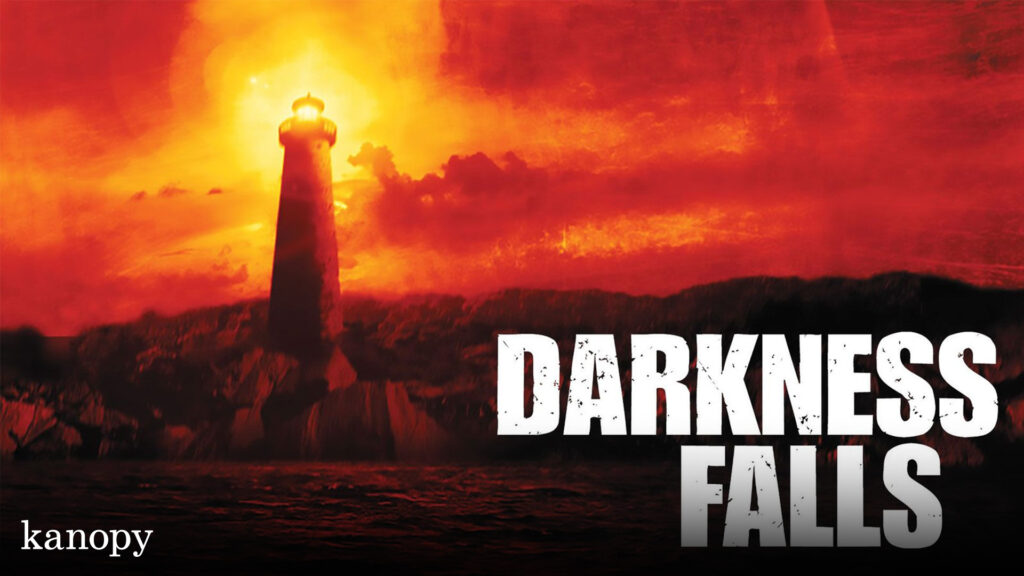 A lighthouse glows against a fiery red sky with the text "DARKNESS FALLS" in bold white letters.