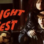 A scared woman hugs a boy by a fireplace with "Fright Fest" in bold red letters beside them.
