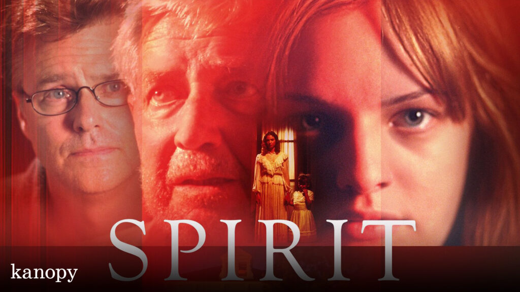 Four serious faces overlaid in red, with “SPIRIT” and “kanopy” text at the bottom, and a woman with two kids.