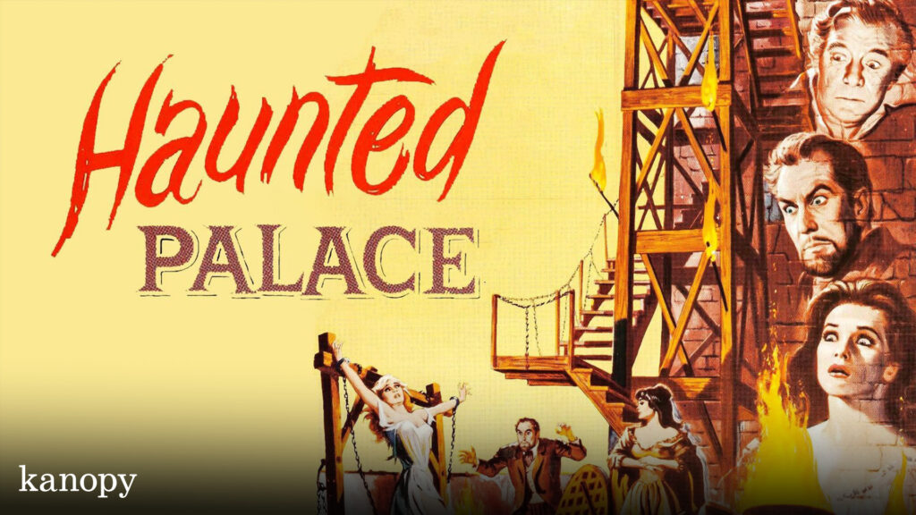 Movie poster for "Haunted Palace" with large red title and illustrated faces looking fearful by a staircase.
