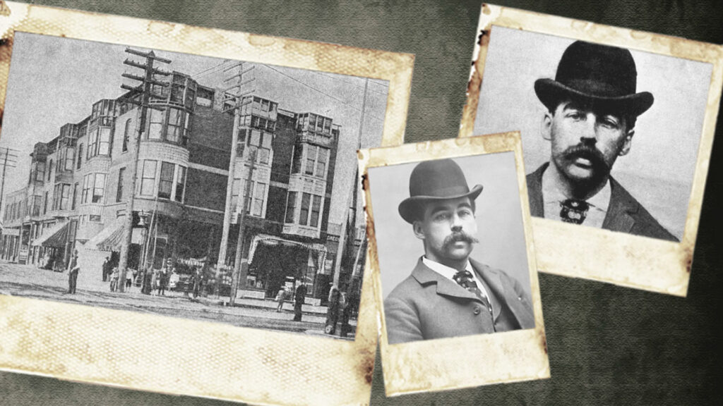 Old photos show a large building and a man with a mustache and bowler hat, set on a textured background.