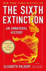 The Sixth Extinction" book cover in red and yellow, featuring a fossil and text noting it as a Pulitzer Prize winner.