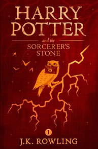 Cover of 'Harry Potter and the Sorcerer's Stone' by J.K. Rowling featuring an owl and lightning bolt on a red background.