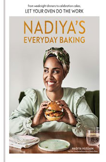 A woman holding a burger, smiling, with a book title "Nadiya's Everyday Baking" above her.