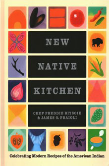Book cover of "New Native Kitchen" with colorful icons and the subtitle "Celebrating Modern Recipes of the American Indian".