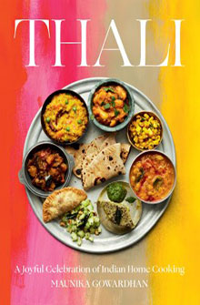 Cover of the cookbook "Thali" depicting various Indian dishes in a round platter on a vibrant, multicolored background.