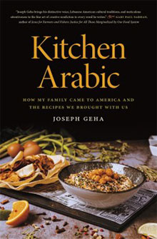 Cover of the book "Kitchen Arabic" by Joseph Geha with a bowl of food and spices in the background.