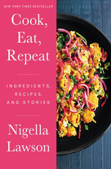 Cover of the book "Cook, Eat, Repeat" by Nigella Lawson showing a pink title and a dish of vibrant food.