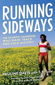 Book cover of "Running Sideways" showing a woman in red running gear running through a field of yellow flowers.