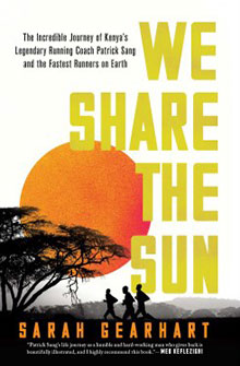Cover of "We Share the Sun" by Sarah Gearhart, featuring a sunset, trees, and runners' silhouettes at the bottom.