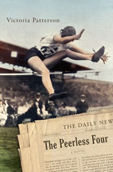 A woman athlete mid-jump in front of a crowd with a newspaper headline "The Peerless Four" at the bottom.
