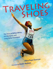 Book cover of "Traveling Shoes" showing an athlete mid-jump with "USA" on her uniform, arms raised in triumph.