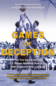 Cover of "Games of Deception" shows an old basketball game with players jumping for the ball. Text about the book overlays the image.