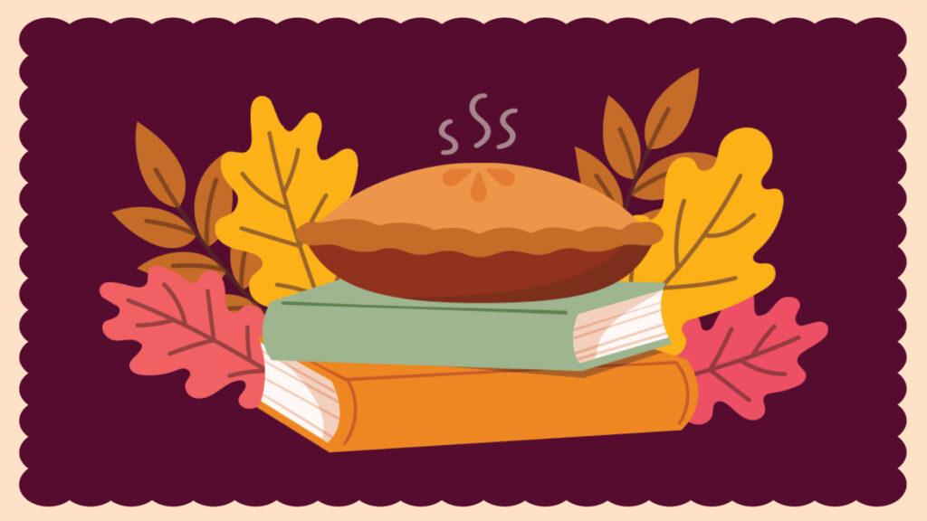 A steaming pie rests on a stack of books, surrounded by colorful autumn leaves.