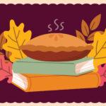 A steaming pie rests on a stack of books, surrounded by colorful autumn leaves.