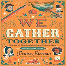 Book cover for "We Gather Together" with Thanksgiving-themed illustrations.