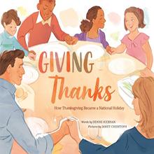 Illustration of a diverse family holding hands around a table with the text "Giving Thanks" above them.