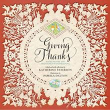 Intricate floral design with "Giving Thanks" text, illustrated by Katherine Paterson and Pamela Dalton.