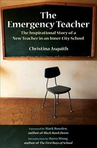 Book cover of "The Emergency Teacher" showing an empty chair in front of a chalkboard.