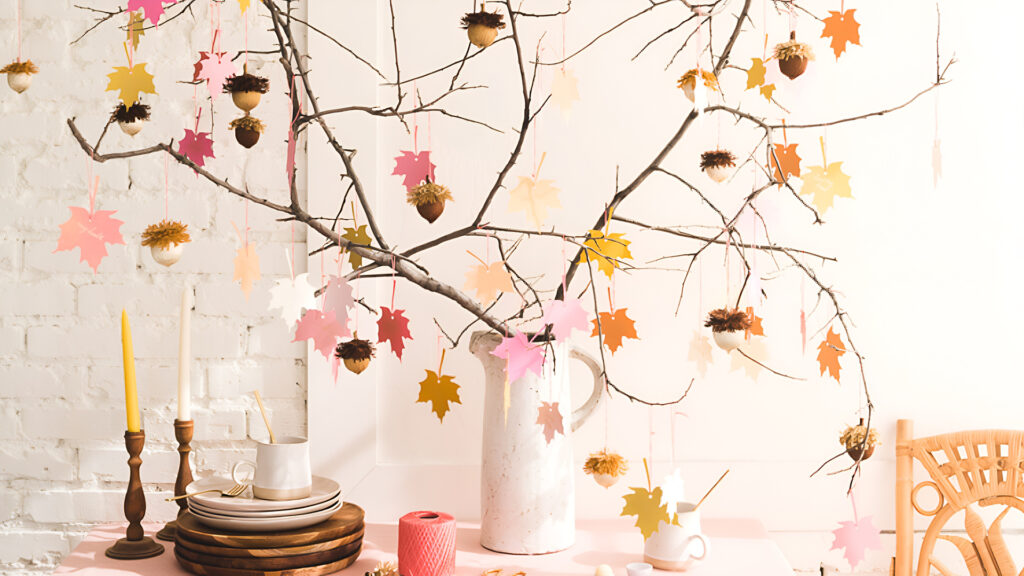Bare branches in a vase decorated with colorful paper leaves and natural elements, on a pastel table.