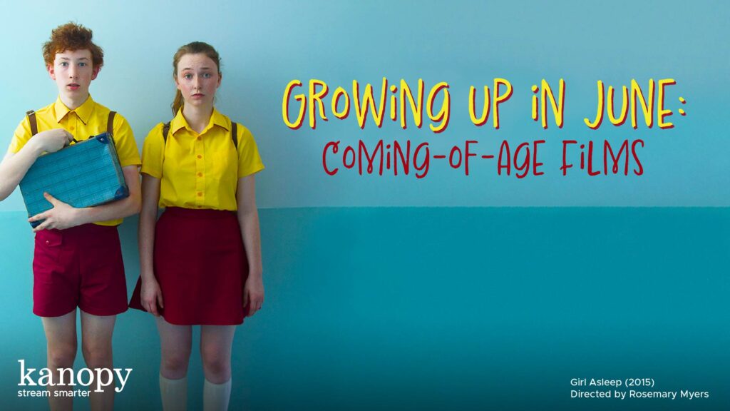 Two teens in yellow shirts and red shorts stand against a blue wall; text reads "Growing Up in June: Coming-of-Age Films.