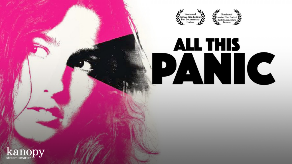 Pink-tinted photo of a woman's face next to bold text reading "ALL THIS PANIC" with film festival laurels above.