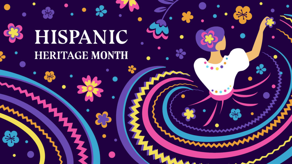 Colorful illustration of a dancer with "Hispanic Heritage Month" text and vibrant floral patterns on a dark background.