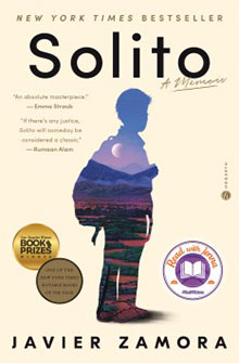 Book cover of "Solito" by Javier Zamora, featuring an overlay of a boy's silhouette with a mountainous landscape.