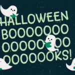 Four cute ghosts reading books surround the phrase "Halloween Booooooooks!" on a dark background.