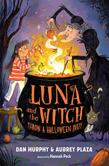 A girl and a witch stir a bubbling cauldron with a cat nearby; text reads "Luna and the Witch.