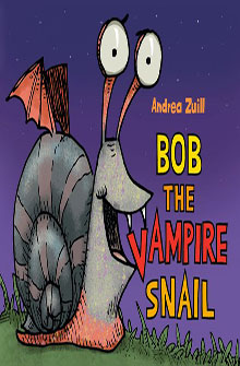 A cartoon snail with fangs and bat wings grins under a night sky; title: "Bob the Vampire Snail.