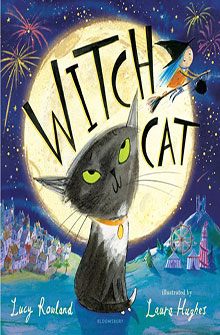 Book cover of "Witch Cat" shows a black cat, a witch flying on a broom, fireworks, and a full moon background.