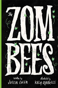 Book cover with large text "The Zom Bees" and small green bees around the letters on a black background.