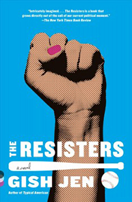 Book cover of "The Resisters" by Gish Jen featuring a raised fist with a pink bandage against a blue background.