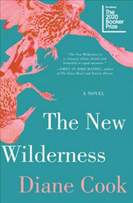 Book cover of "The New Wilderness" by Diane Cook, featuring birds in shades of pink on a light teal background.